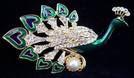 Peacock Rhinestone Enamel Brooch Pin Huge Bird Retro - £65.11 GBP