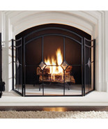 3-Panel Fireplace Screen Arched Diamond Steel Heavy Duty Gate Glass Accents - £102.34 GBP