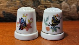 Vintage Pair Gold Ringed Butterflies w/ Pink Flowers Porcelain Sewing Th... - $187.98 MXN