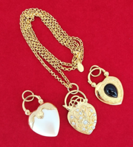 Vtg Joan Rivers Charm Puffy Lock Heart Chain Pendant Necklace Gold Plated Signed - £51.15 GBP