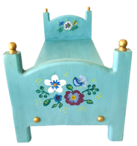 Hand Painted Wood Doll Bed for 18&quot; Dolls Teddy Bears Pets Signed OOAK New Teal - £65.72 GBP