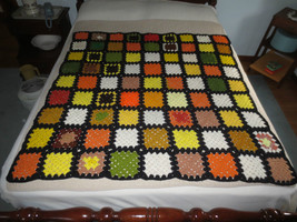 R. FALL GRANNY SQUARE With BLACK Acrylic  AFGHAN - 48&quot; x 48&quot; - UNUSED - $20.00