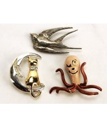 Vintage Sweater Pins, Lot of 3, Cat/Bird/Squid, Vintage Jewelry, #JWL-415 - $372.22 MXN