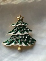 Estate Green Enamel w Snowy White Edges &amp; Clear Rhinestone Accents Christmas Tre - $14.89