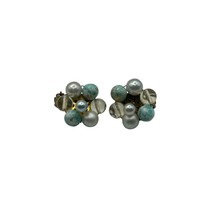 Vintage Blue and White Bead Cluster Clip Earrings - £15.50 GBP
