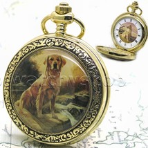 Pocket Watch 47 Mm Golden Retriever Dog 14K Gold Plated For Men With Chain C54 - £20.05 GBP