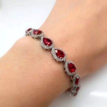 14K White Gold Plated Halo Bracelet 14 Ctw Lab Created Pear Cut Red &amp; Diamond - $301.71