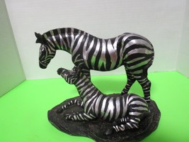 Black &amp; Silver Resin Zebra Figurine Two Zebras On Rocky Base 8.5&quot; x 7&quot; - £15.60 GBP