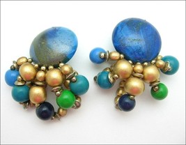 Beaded PIERCED EARRINGS Vintage BLUE GREEN GOLDTONE BEAD Wood of LOOPS W... - $14.99