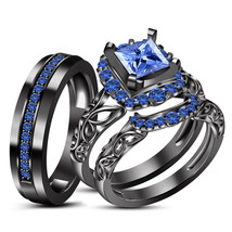 Blue Princess Sapphire His and Hers Trio Sets Black Rhodium Plated Silver Ring 9 - £123.46 GBP