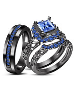 Blue Princess Sapphire His and Hers Trio Sets Black Rhodium Plated Silve... - $153.98