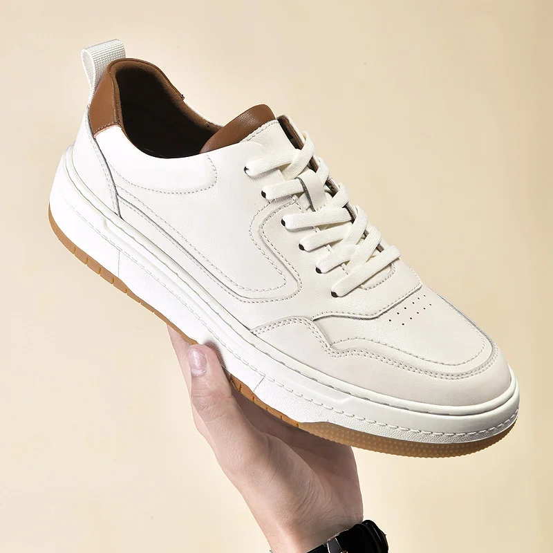 Genuine Leather Shoes Men Sneakers Cow Leather Shoes Fashion Male White Shoes Co - $97.88