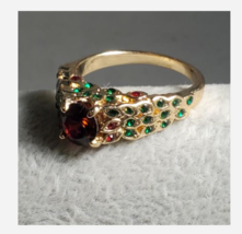 GOLD RED AND GREEN RHINESTONE RING SIZE 6 9 10 - £31.69 GBP