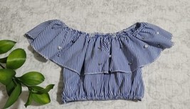 Girls Off Shoulder Crop Top Striped Casual Trendy Blouse Size 8 With Pearls - £7.88 GBP