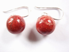 Genuine Red Coral Sponge Round Wire Back 925 Sterling Silver Globe Earrings - £10.06 GBP