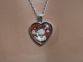 Bubble Heart shaped pendant w/Red back of White Cat, Flowers w/ Chain in... - $23.08