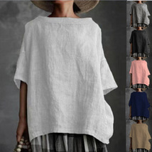 Boho Cotton and Linen Round Neck Tops, Casual Solid Color Loose Women&#39;s T-shirt - £18.10 GBP