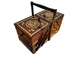 Large sewing box made from wood, dark brown handcarved wooden jewellery casket  - £94.42 GBP