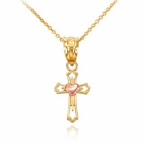14k Solid Two Tone Yellow Rose Gold Heart Open Cross Pendant Necklace - £105.99 GBP+