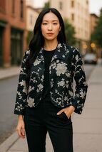 Chicos Size 2 Eastern Mood Lenie Black/Cream Embroidered Open Front Jack... - $95.99