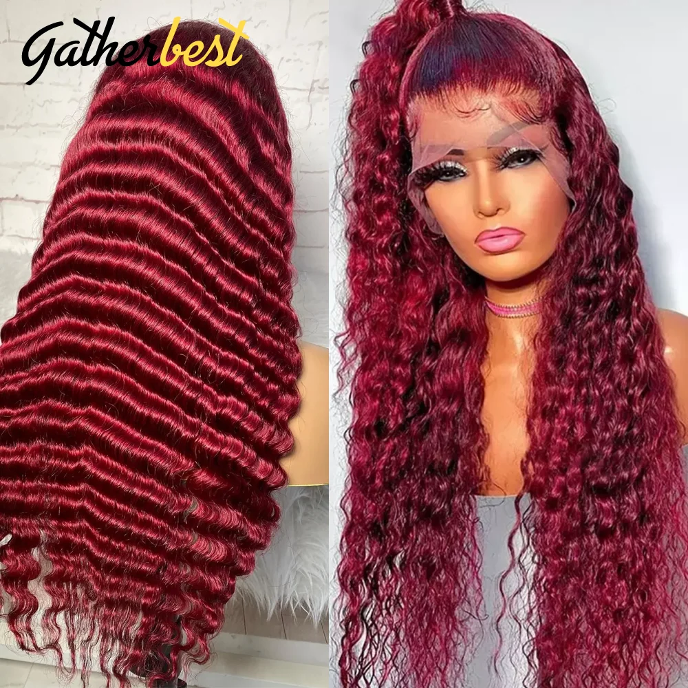 Burgundy Deep Wave Lace Frontal Wig Human Hair 13X4 Lace Front Wig 99J Colored - $117.50+