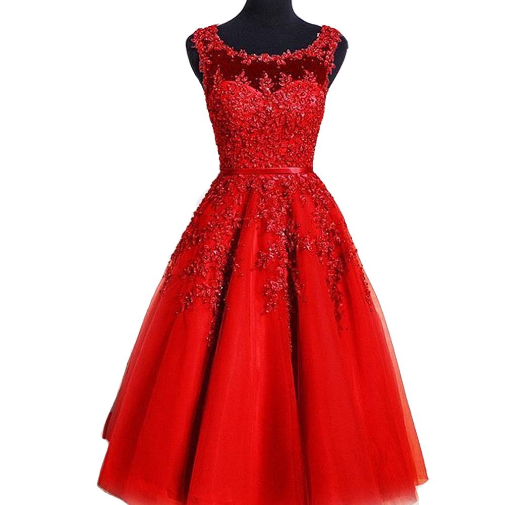 Kivary Sheer Bateau Tea Length Short Lace Pearls Prom Homecoming Dresses Custom
