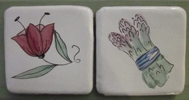 Tile Set Of 2 Thick Art Tiles Hand Painted Asparagus And Poppy Flower 3 ¾ Mexico - £11.20 GBP