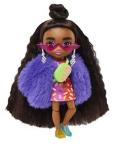 Barbie Extra Minis 5.5&quot; Fashion Doll, Brunette Long Hair, Purple Faux Fur Coat - £10.12 GBP