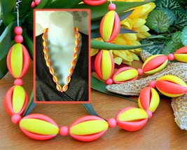 Vintage Plastic Necklace Hong Kong Orange Yellow 3D Oval Beads Long - £15.94 GBP