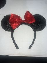 Disney Parks Black &amp; Red Sequin Minnie Mouse Ears Headband Bow Adult OS ... - $9.89