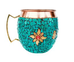 Rastogi Handicraft Pure Copper Green Stone Mug Drinkware Set Dinnerware Tablewar - £18.12 GBP+