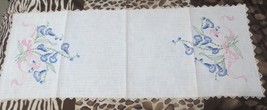 Vtg Embroidered Blue Bell flowers  Dresser Scarf crochet lace edge - £11.57 GBP