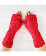 Handmade Fingerless Gloves Womens Merino Wool Mittens Red Hand Knit Arm ... - $25.46