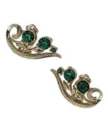 Vintage Signed Lisner Earrings Emerald Green Rhinestones Clip On Gold Tone  - £12.49 GBP