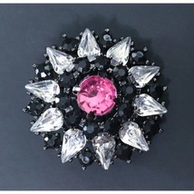 Rhinestone Flower Brooch Pin Black Clear Pink Edgy Gothcore - £3.10 GBP