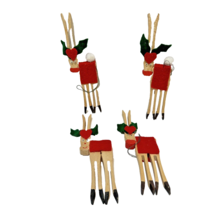 Vintage Handmade Christmas Clothespin 7&quot; Reindeer Ornaments Felt Wood Lot 4 - £10.73 GBP