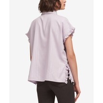 NWT Womens Size Medium DKNY Purple Ruffle-Trim Lurex Striped Button Down Shirt - £19.36 GBP