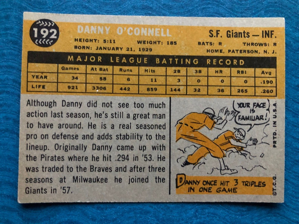 1960 TOPPS BASEBALL CARD DANNY O'CONNELL #192 (NM) Item image 2