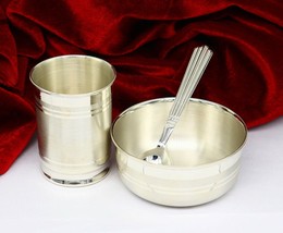 999 solid sterling silver glass, bowl &amp; spoon for baby/kids utensils set... - £177.12 GBP