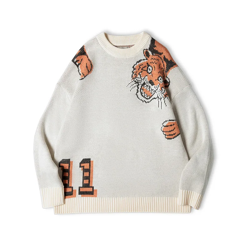 Maden Men&#39;s Vintage   s Casual Loose Thick O-Neck Tiger Head Pullover Harajuku S - £194.29 GBP