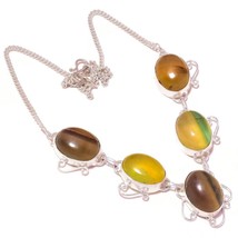 Cabochon Fluorite Oval Gemstone 925 Silver Overlay Handmade Designer Y Necklace - £18.34 GBP