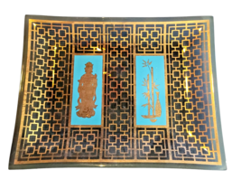 Vtg Mid Century Serving Tray Smoked Glass Trinket Plate Gold Blue Asian ... - £17.31 GBP