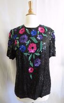 Vintage Gunit Black Silk Sequin beaded Short Sleeve Top color Flowers dr... - $54.45