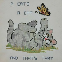 Cat Butterfly Embroidery Finished Tabby Gray Monarch Orange Black Vtg - £7.09 GBP