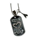 Kate Mesta TRUE LOVE Crystal Heart Paris Dog Tag  Necklace  Art to Wear New - £15.53 GBP
