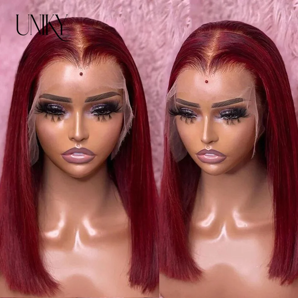 Burgundy HD Transparent Lace Front Human Hair Wigs 99J Red Straight 13x4 La - £42.48 GBP+