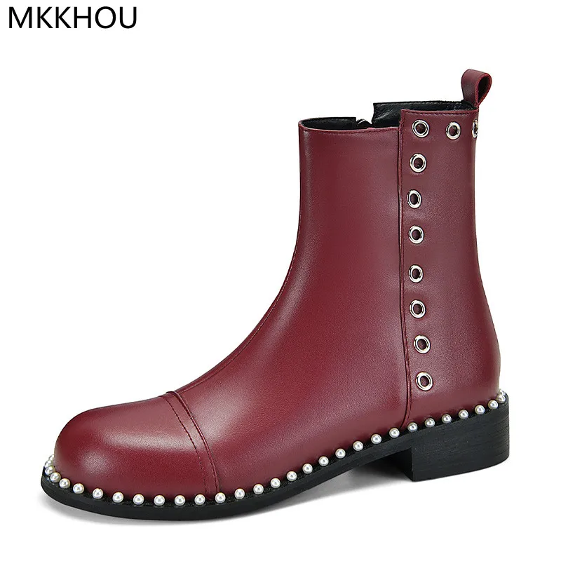 MKKHOU  Short Boots Women  High-Quality Leather  Comfortable Soft Bottom Low-Hee - £246.47 GBP