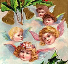 1912 Best Christmas Wishes Postcard Heaven Angels Gold Accents Holly Berries - £10.37 GBP