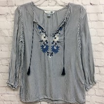 Old Navy Womens Tunic Top Blue Pinstripe Long Sleeve Embroidered V Neck Tie XS - $6.92