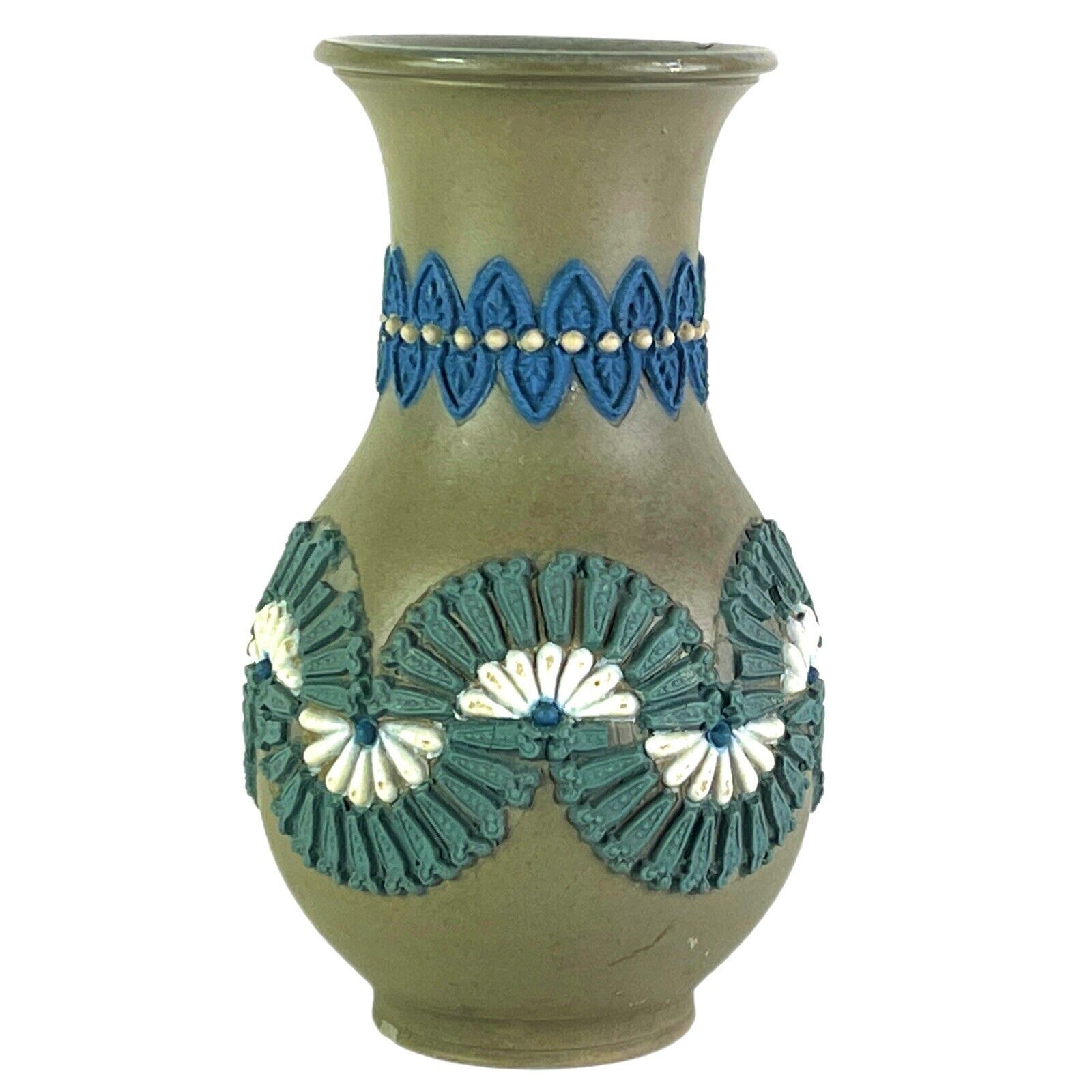 Doulton Lambeth Silicon Bud Vase 1884 Stoneware 5” Tall Brown Green Blue - £55.16 GBP